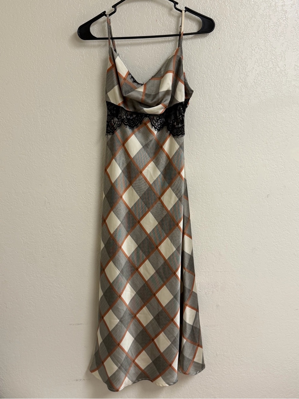 Forever 21 Plaid Satin Chemise with Black Lace Trim - Cream/Gray/Tan